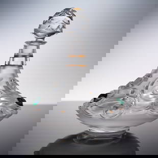 Royales de Champagne Crystal Perfume Bottle: This exquisite crystal perfume bottle by Royales de Champagne stands at 6.5 inches in height and is distinguished by its opulent design and fine French craftsmanship. The frosted crystal body features