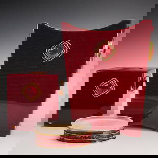 3pc Mike + Ally Ruby Red Bathroom Set: Striking three piece bathroom set by Mike + Ally, featuring a tissue box cover, waste bin, and soap dish, each finished in a deep ruby red with swirling enamel. Embellished with faceted red crystals a