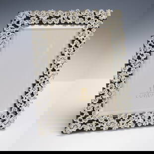 L'Objet Silver-Plated Pearl and Crystal Floral Picture Frame: Elegant L'Objet picture frame adorned with intricate silver-plated floral motifs, each bloom set with lustrous faux pearls and clear crystals. The detailed floral design is layered over a black enamel
