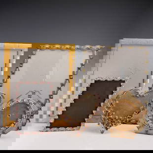 5pc Decorative Enamel & Rhinestone Picture Frame Assortment: Group of five decorative tabletop picture frames, including a rectangular yellow enamel frame with tile-style borders, a rectangular silver-tone frame with yellow cabochon-style accents, a small pink