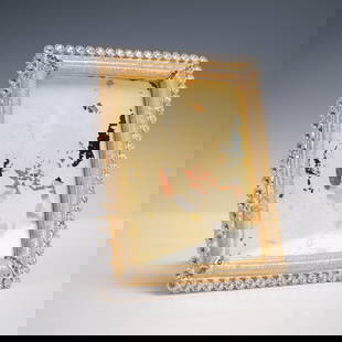 Jay Strongwater Jeweled Crystal Picture Frame: Exuding warmth and brilliance, this Jay Strongwater jeweled crystal picture frame showcases soft golden enamel sides with a delicate feathered pattern, bordered by a band of round clear crystals in si