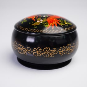 Russian Round Black Lacquer Box with Firebird Motif