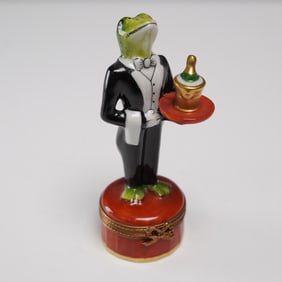 Limoges Porcelain Ring Box, Frog Waiter with Champagne Tray