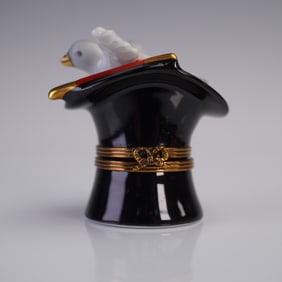 Limoges Porcelain Top Hat with Dove Trinket Box