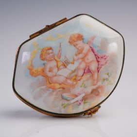 Limoges Porcelain Trinket Box, Cherubs Among Clouds