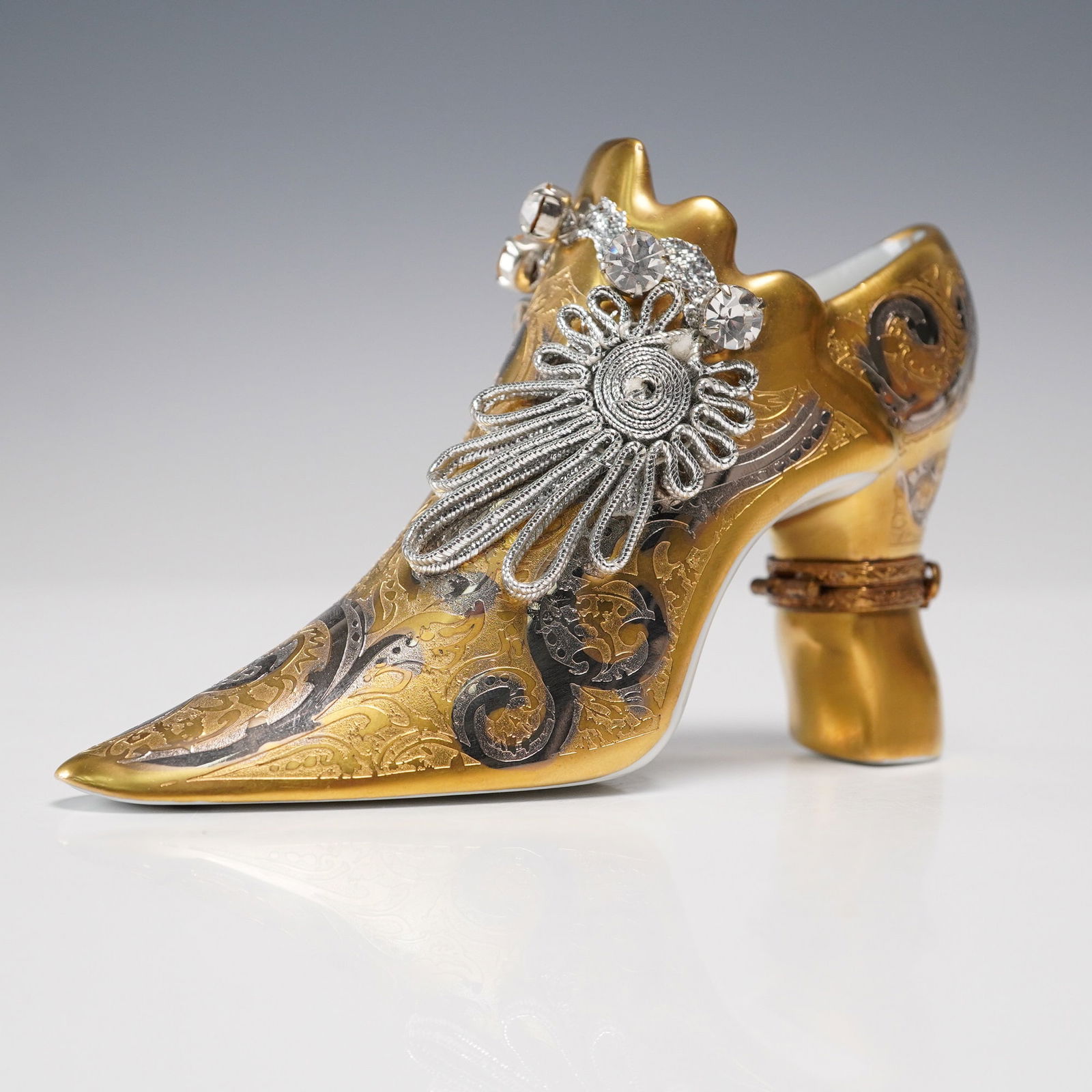 Fiona Saunders Limoges Porcelain Figurine, Gilt High Heel Shoe (1 of 6)