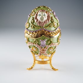 Ruccini Jeweled Egg Treasure Box, Lion Motif with Stand