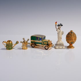 5pc Jeweled Enamel Ring or Treasure Boxes, Figural Forms
