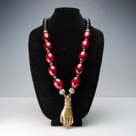 Masha Archer Mixed Bead Necklace with Brass Hand Pendant
