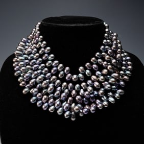 Multi-Strand Freshwater Black Pearl Necklace with Toggle Clasp