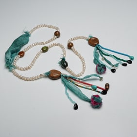 Scarf Necklace with Pearls, Beads & Textile Tassels