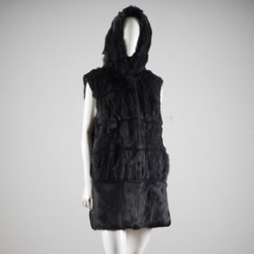 Max Mara Dyed Rex Rabbit Fur Sleeveless Hooded Vest