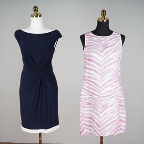 2 Sleeveless Dresses: Ralph Lauren Navy Sheath & iLinen Pink Zebra Print