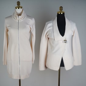 Brunello Cucinelli Ivory Cashmere Knit Wrap Cardigan & Zip Dress Ensemble
