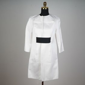 KISA White Structured Dress Coat with Black Waist Cinch