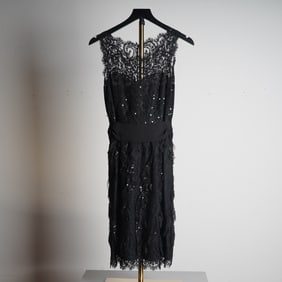 Oscar de la Renta Black Lace Sequin Cocktail Dress