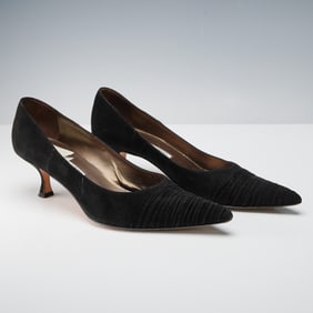 Manolo Blahnik Black Ruched Suede Heels