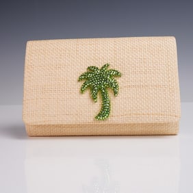 Eliza Gray Palm Tree Crystal Straw Clutch Purse with Chain