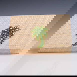 Eliza Gray Palm Tree Crystal Straw Clutch Purse with Chain: This charming clutch by Eliza Gray features a natural woven straw exterior adorned with a vibrant green rhinestone crystal palm tree motif, lending a whimsical tropical flair. The structured rectangul