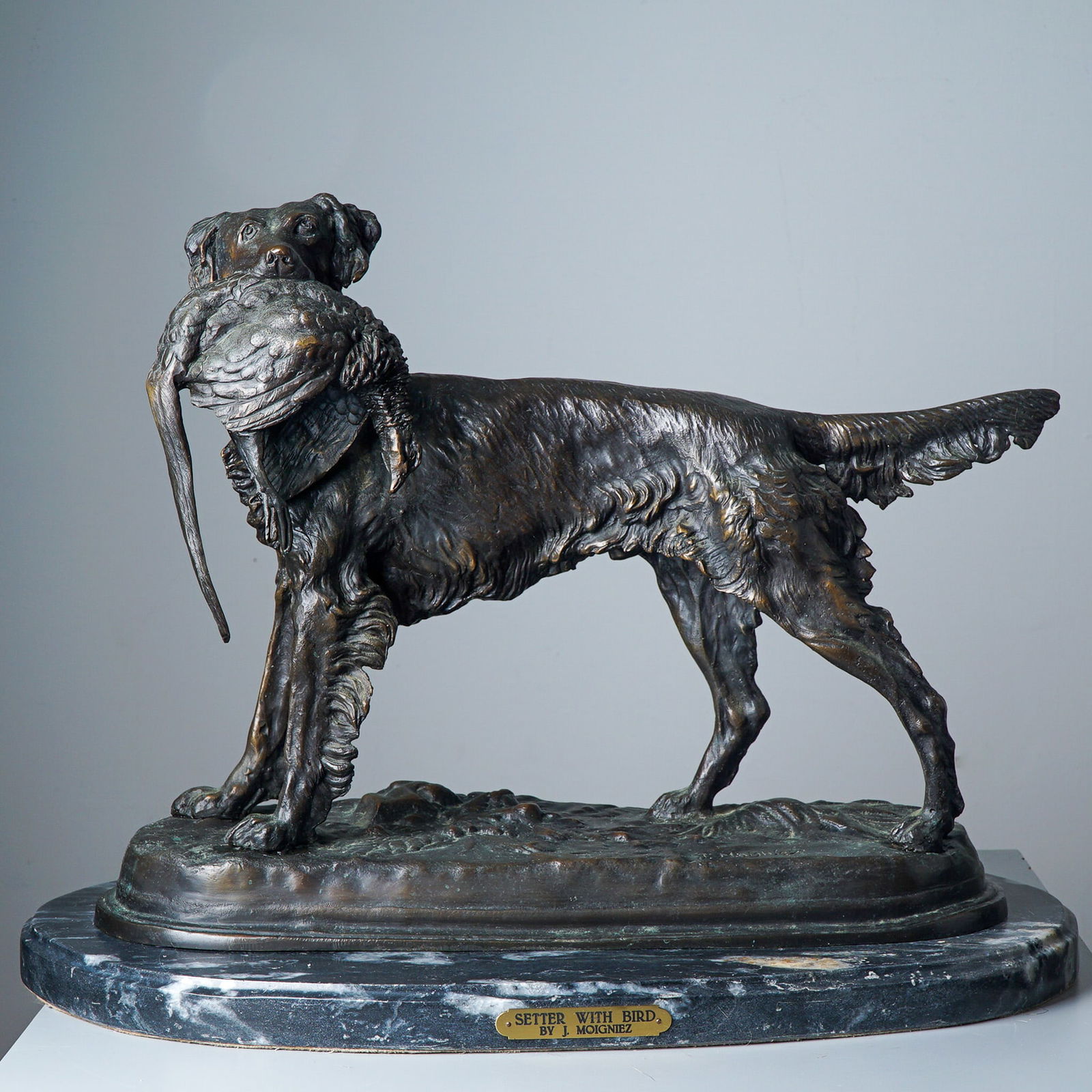 Jules Moigniez, Antique French Bronze Sculpture, Setter with Bird, Signed
