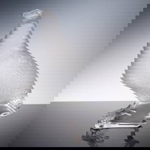 Lalique Crystal Quail Figurine: A finely detailed Lalique France frosted and clear crystal figure of a quail. The bird is captured in a lifelike pose with head raised and body perched on a smooth integral base. The surface showcases