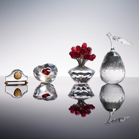 4pc Swarovski Crystal Figurines, Roses, Pear, Heart, Clock