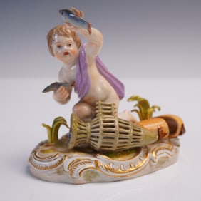Meissen Porcelain Figurine, Putto with Fish Basket