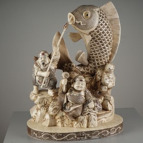 Hand Carved Bone Sculpture, Otei with Giant Koi Fish and Waves w/ Red Seal