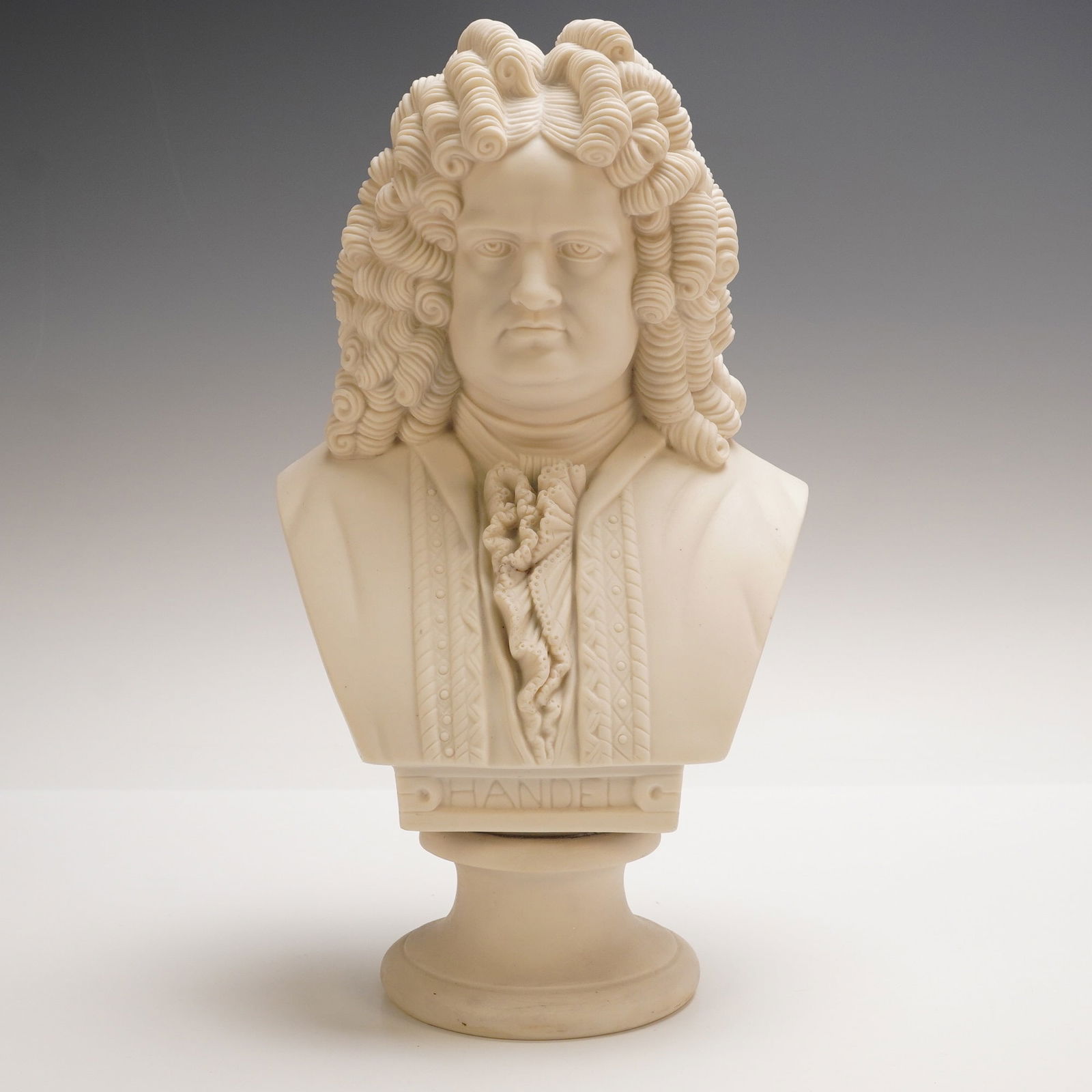 Classical Bisque Porcelain Bust of George Frideric Handel: An elegant bisque porcelain bust depicting George Frideric Handel (1685"1759), one of the most celebrated composers of the Baroque era. The figure is modeled in classical style, featuring Handel in 18