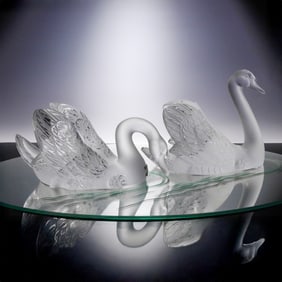 Pair of Lalique Crystal Swan Sculptures, Head Up and Head Down