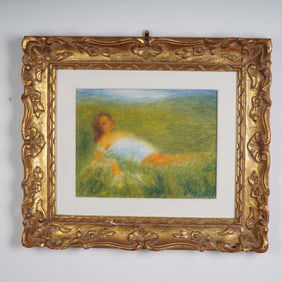 Framed Watercolor on Paper, Reclining Woman in a Meadow, Signed
