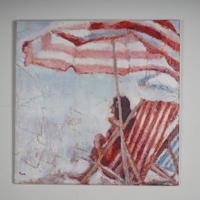 Original Oil on Canvas, Seated Under the Umbrella, Signed
