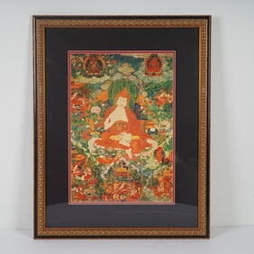 Framed Tibetan Thangka Print, Depicting Chandrakirti w/ Deities & Studentst