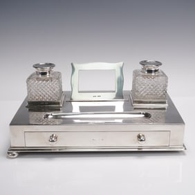 Victorian Silver Cut Glass Desk Inkwell by John Grinsell & Son. Birmingham