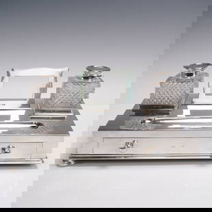 Victorian Silver Cut Glass Desk Inkwell by John Grinsell & Son. Birmingham: This Antique Sterling Silver Ink Stand, hallmarked in Birmingham in 1908 by John Grinsell & Sons Ltd., features a plain design with two cut glass pots for ink, a central section, and a drawer. The hal
