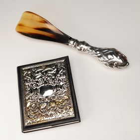 2pc Arca Sterling Silver Handle Shoe Horn & Ornate Metal Address Book