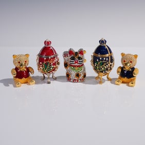 5pc Jeweled Trinket Boxes - Bear, Faberge-Style Eggs & Lucky Cat