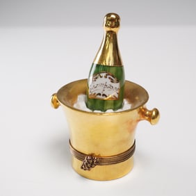 Limoges Chamart Porcelain Trinket Box, Champagne Bottle In Ice Bucket