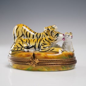 Limoges Porcelain Trinket Box, Tiger Family on Savannah