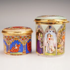2pc Halcyon Days Enamel Treasure Boxes, Richard I and Pre-Raphaelite Motif
