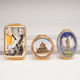 3pc Halcyon Days Enamel Treasure Boxes, Paris Landmarks & Toulouse-Lautrec