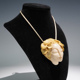 Art Nouveau Pendant Necklace, Smiling Face with Flowers