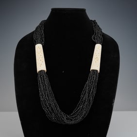 Multi-Strand Black Onxy Beaded Necklace with Carved Bone Spacers
