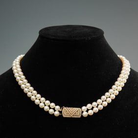 Mikimoto Double-Strand Pearl Necklace with 18K Diamond Clasp