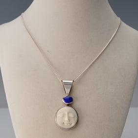 Italian Sterling Silver Moon Face Pendant Necklace with Lapis Accent