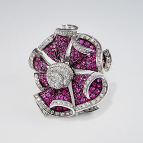 Andreoli 18k White Gold and Diamond and Ruby Cocktail Ring