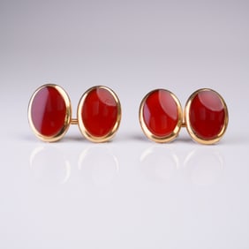 Pair 14KT Gold and Red Stone Cufflinks
