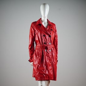 Moncler Glossy Red Nylon Belted Trench Coat