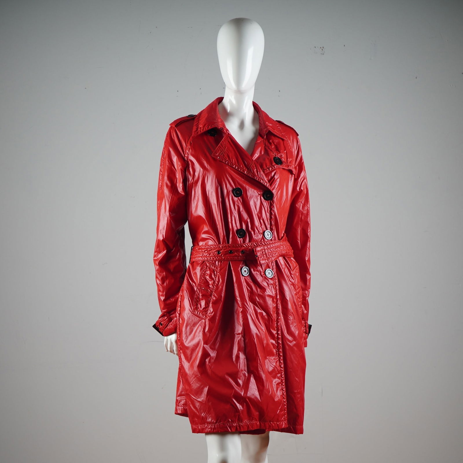 Moncler Glossy Red Nylon Belted Trench Coat (1 of 10)