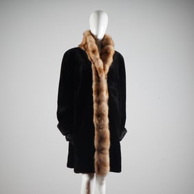 Day Furs Sheared Black Mink Coat with Sable Collar & Leather Gloves
